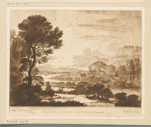 Mountainous landscape with a shepherd playing the flute on a rock