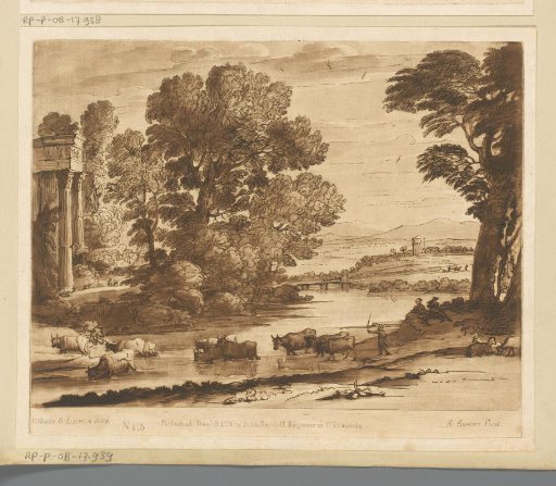 Landscape with a ruin and cattle crossing a river