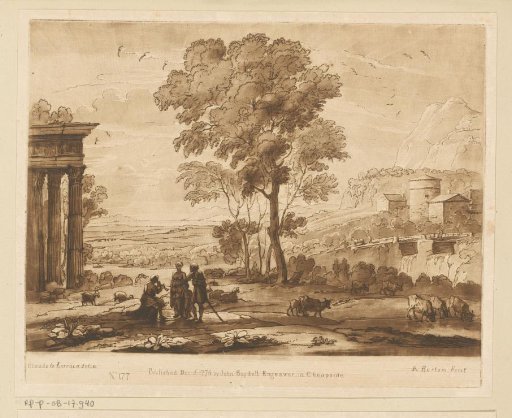 Landscape with a shepherd family, a ruin, and drinking oxen