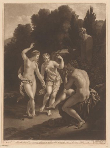 Flute-playing man before two dancing nymphs