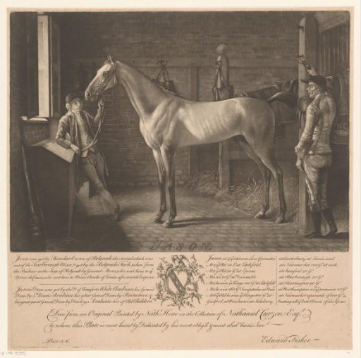 Horse Jason in the stable with two riders