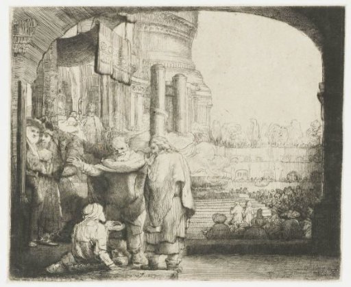 Peter and John heal a paralyzed man at the temple gate