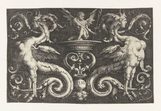 Ornament with Two Fantastical Creatures and a Winged Man