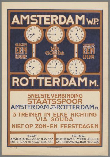 Amsterdam W.P. Rotterdam M. Only one hour via Gouda. Fastest connection State Railway.