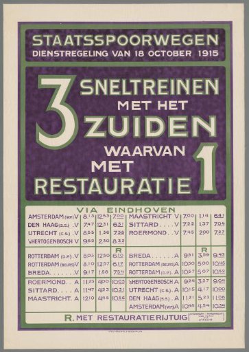 State Railways. Timetable of October 18, 1915. 3 express trains to the South, one with dining car