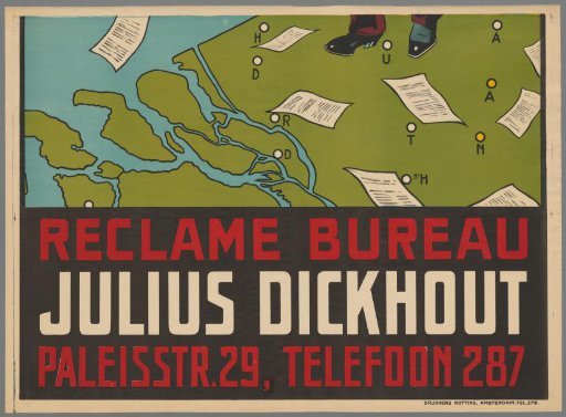 Delivery and distribution of circulars. Advertising for all purposes. Advertising office Julius Dickhout. Headquarters Amsterdam.