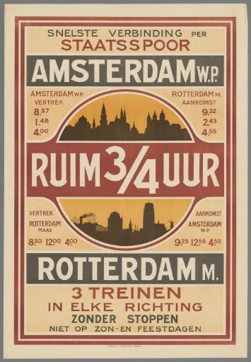 Fastest connection by State Railway Amsterdam W.P. Rotterdam M. Over 3/4 hour. 3 trains in each direction without stopping. Not on Sundays and holidays