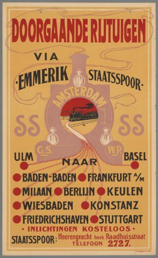 Through carriages via Emmerik State Railway to Ulm - Basel - Baden-Baden - Frankfurt a/M - Milan (etc.). Information free. State Railway