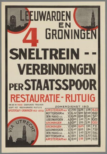 Leeuwarden and Groningen via Utrecht. 4 express train connections by State Railway dining car. Summer service 1913