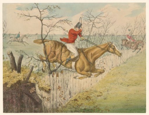 Two riders on horseback jumping over a wooden fence