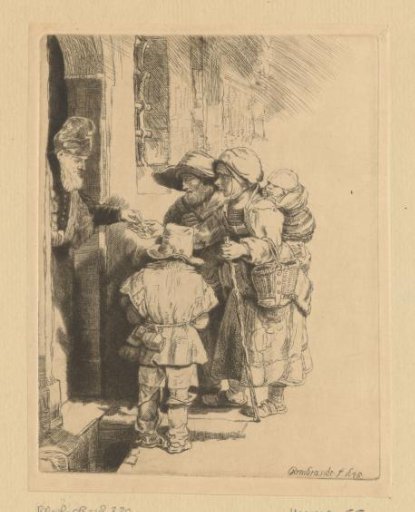 Blind Organ Grinder with Family Receiving an Alms at the Door of a House