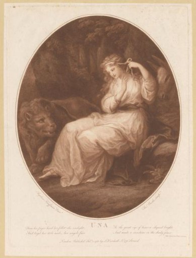 Una seated on a stone looking at a lion