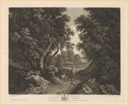 Landscape with two resting hunters and three dogs