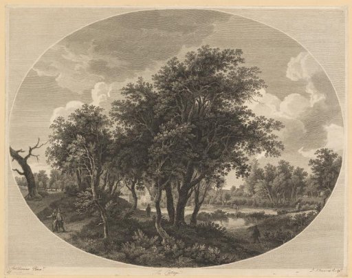 Landscape with trees and four walkers