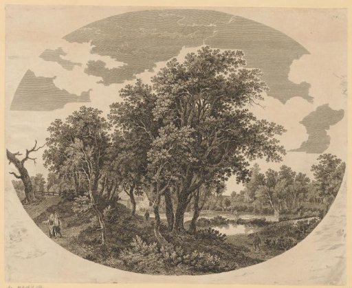 Landscape with trees and four walkers