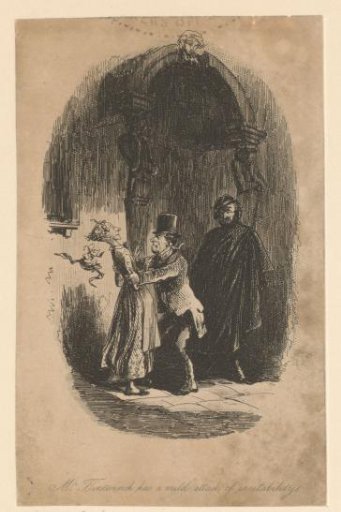 Jeremiah Flintwinch from Charles Dickens' Little Dorrit grabs a woman by her arms