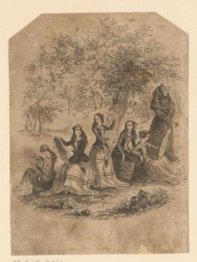 Five women embroidering under a tree, next to them stands a monk