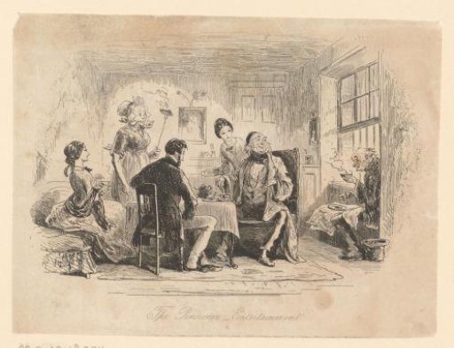 Six figures seated and standing around a table