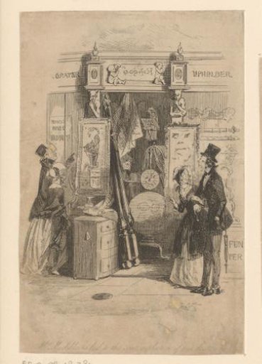 Augustus Moddle and Charity in front of an antique shop