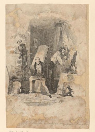 Mr. Nadgett stands in a room with his back turned to Jonas Chuzzlewit and Montague Tigg