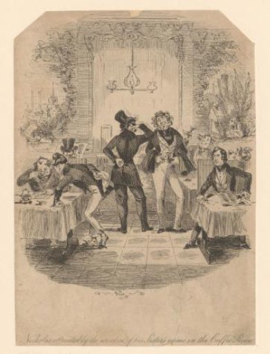 Nicholas Nickleby overhears Sir Mulberry Hawk talking about his sister in a coffee house