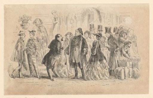 William Dorrit and a group of travellers with luggage