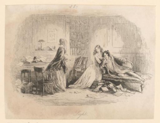 Ada Clare supports Richard Carstone, who lies on a sofa, and looks at Esther Summerson