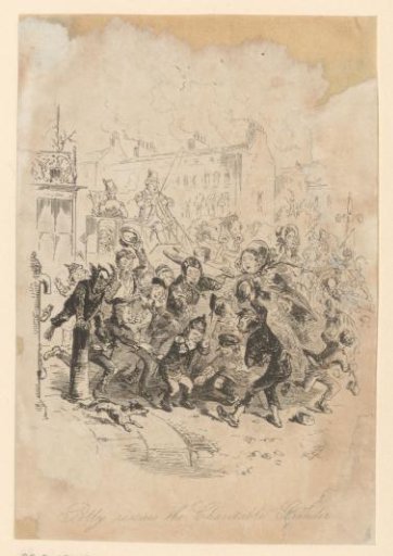 Polly Toodle runs towards a boy being harassed by a crowd