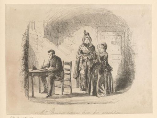 Mrs. Bagnet looks at George Rouncewell sitting at a desk writing