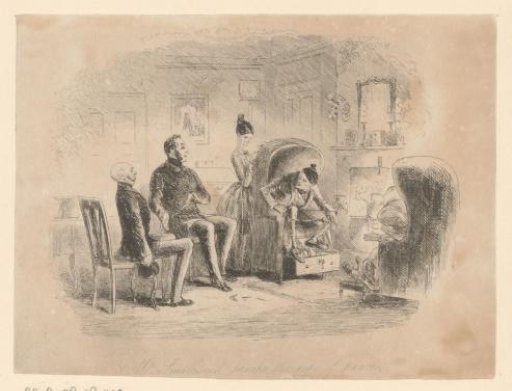 Grandfather Smallweed throws his pipe on the floor and turns towards Matthew Bagnet and George Rouncewell