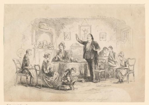 Mr. Chadband preaches in a sitting room with seven persons