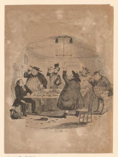 Six drinking men around a table