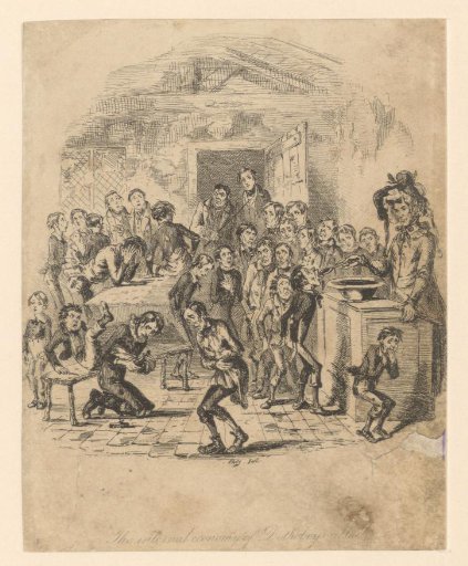 Mrs. Squeers distributing food to the boys of Dotheboys Hall