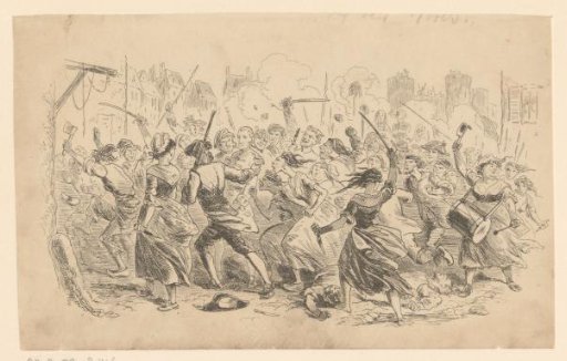 Crowd with swords and knives in the street