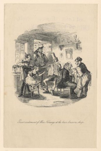 Morleena Kenwigs points to a man at the barber's