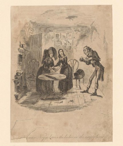 Newman Noggs bows to Kate Nickleby and another woman as he leaves the room