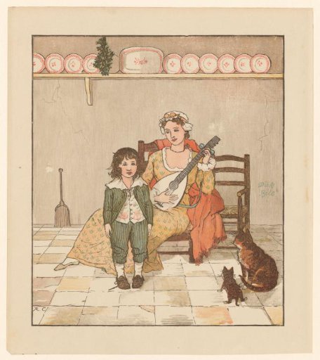 Boy stands before a seated woman with lute