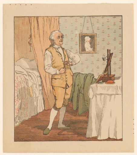Man stands before a mirror and buttons his waistcoat