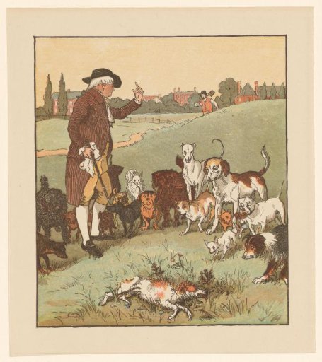 Man and group of dogs stand around a dog shot dead