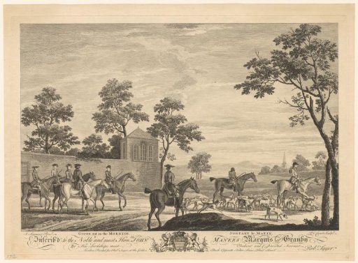 Men on horseback with hunting dogs