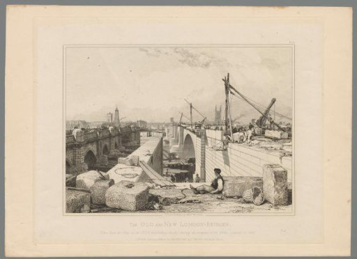 Construction of the new London Bridge with the old bridge on the left, 1830