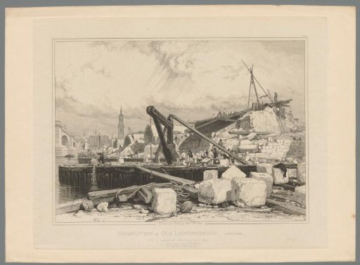 Demolition of the old London Bridge with the new bridge on the left, 1832
