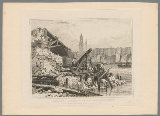 Demolition of a part of the old London Bridge, 1832