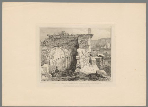 Three men examining the ruin of a crypt, found under the old London Bridge