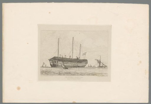 Large ship with three masts lying in the Medway
