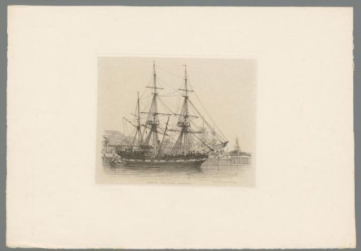 Sailing ship with three masts and cargo lying in the harbour of London