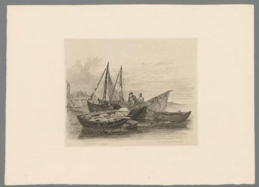 Two men working on a fishing net near three small boats on the bank at Greenwich