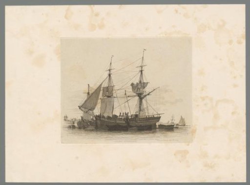 Figures on a sailing ship in the Thames busy with hoisting a sail and unloading coal onto boats