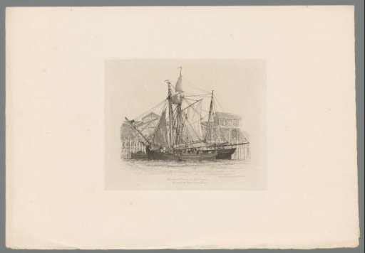 Figures unloading the cargo of a ship in a wharf near London Bridge