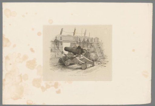 Cannon aimed at a gunport on board a ship